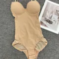 Seamless nude body shaper bodysuit with built-in bra and lace trim for postpartum tummy control. - S 32C/D / Set / Nude