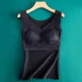 Black thermal camisole with lace V-neck, fleece-lined, built-in bra cups, slim fit. - L / Tops / Black