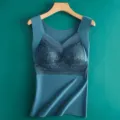 Women thermal fleece camisole lace built-in bra warm winter fleece lined slim fit top - L / Tops / Ink Blue