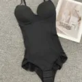 Black seamless body shaper bodysuit with built-in bra and lace trim for women variant. - S 32C/D / Set / Black
