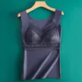 Thermal velvet lace camisole for women, double-sided brushed warm vest with built-in cups. - L / Tops / Iron Gray