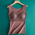 Women thermal camisole lace Dralon fleece lined winter underwear built in bra vest top - L / Tops / Camel