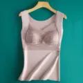 Women Thermal Fleece Lined Lace Camisole With Built-in Bra Thickened Warm Vest Top - Light Coffee