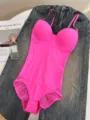 Hot pink one-piece shaping bodysuit with built-in bra and lace trim, seamless tummy control shapewear. - Barbie Pink