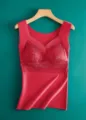 Thermal velvet lace camisole with built-in bra pads, warm thermal underwear top for women. - Red