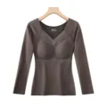Women thermal underwear long sleeve seamless V neck thermal top with built in bra pads brown - M (45-55kg) / Tops / Coffee