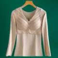Women thermal underwear long sleeve beige v neck lace built in chest pad base layer top - XL / Tops / Nude