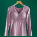 Women's long sleeve thermal underwear V-neck lace padded top in pink, warm and seamless. - XL / Tops / Dusty Pink