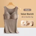 Camiseta térmica de forro polar caqui para mujer, diseño sujetador sin costuras invierno. - XL / Tops / Caqui