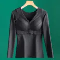 Seamless thermal long-sleeve V-neck base layer for women with built-in chest pad and lace. - XL / Tops / Black