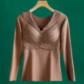 Women thermal long sleeve underwear V-neck lace base shirt with chest pad camel brown shirt - Coffee