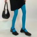 Vibrant blue velvet pantyhose detail view, showing soft texture and rich color for stylish outfits. - One Size (Under 80kg) / Lake Blue