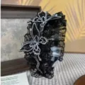 Diadema de mariposa de malla negra con pedrería, accesorio de pelo plisado ancho, detalle brillante - Diadema de Doble Mariposa (B623) / Negro