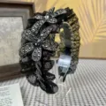 Diadema negra de pedrería y malla ala ancha accesorio para el cabello flor de cristal - Diadema de Strass Floral (B622)