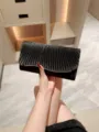Elegant black pleated satin evening clutch bag with metal trim for wedding party dress - Black