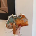 Chinese style vintage embroidered evening bag with elegant pearl strap and metal clasp. - Yellow