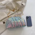 Shiny sequin pleated evening bag with gold chain strap, elegant clutch for party and wedding. - Blue