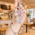 Cute transparent laser bear keychain with colorful beaded strap, stylish bag pendant accessory. - Glitter Bear Crystal String (Gold)