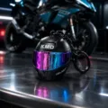 Cool miniature motorcycle helmet keychain with colorful visor and black metal chain detail. - Non-Glowing Black Gradient Helmet