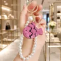 Summer Korean style rhinestone fish keychain with pearl strap luxury bag charm cute accessory gift. - Pink