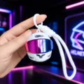 Cool mini motorcycle helmet keychain with colorful visor and portable lanyard for bags. - Braided Lanyard Glowing Gradient Helmet / White