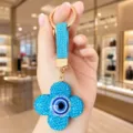 Rhinestone Evil Eye Clover Keychain Sparkling Blue Crystal Bag Charm Luxury Key Ring Accessory - Blue