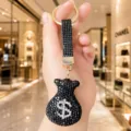 Porte-clés sac d'argent en strass noir charme de sac de luxe pour clés de voiture - Noir