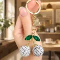 Rhinestone Football Cherry Keychain Cute Crystal Bag Pendant Metal Key Ring Car Accessory - Tennis Ball