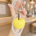 Cute yellow resin apple keychain with pearl strap and heart carabiner accessory gift - Yellow Apple