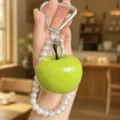 Cute Green Apple Pearl Keychain Fruit Bag Pendant with Shiny Silver Heart Carabiner - Resin Large Apple (Cyan)