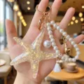 Resin starfish pearl keychain bracelet charm, summer ocean style gold foil key ring pendant. - White