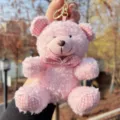 Plush pink teddy bear keychain detail with cute plaid bow, soft toy bag pendant accessory. - Pink Plaid Bowknot Bear