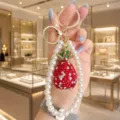 Crystal fruit keychain with pearl strap luxury sparkling rhinestone car key ring handbag charm - Pineapple Pearl Strap Style / AB Red