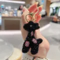 Rhinestone giraffe keychain, sparkling black crystal animal bag charm with pink flower details. - Rhinestone Giraffe Style / Black