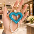 Blue rhinestone heart pearl keychain and bag charm, stylish handmade sparkling jewelry accessory. - Lake Blue