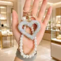 Rhinestone Hollow Heart Keychain Pearl Bag Charm Korean Style Cute Purse Pendant Handbag Decor - White