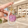 Crystal pink apple pearl keychain phone bag pendant luxury cute charm accessory gift - AB Pink