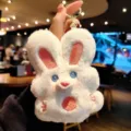 Cute plush rabbit keychain fluffy bunny bag charm soft toy pendant for couple cute gifts - White