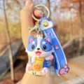 Cute blue dog keychain with boba tea cup, soft PVC puppy charm for bag backpack accessory detail. - Blue Milk Tea Corgi