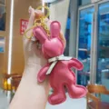 Creative PU leather bunny keychain with bow, cute pink bag pendant for women gifts. - Rose Red