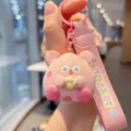 Cute pink boba mouse keychain with strap, resin cartoon animal backpack charm gift for girls. - Pink