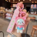 Dopamine colorful cute bear keychain with X eyes and pink wrist strap for bag charm decor. - Electroplated X-Eye Bear - Pink