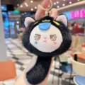 Leuke zwarte kat pluche sleutelhanger zacht gevuld dier tas charm hanger fluffy speelgoed - Zwart