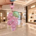Pink acrylic grape keychain charm, clear crystal fruit bag pendant for women and girls. - Pink Grape With Green Leaves