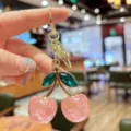 Fashion glitter cherry bag charm gold keychain cute fruit key ring sweet style accessory - Pink Glitter Green Leaf Cherry