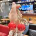 Sweet red resin cherry keychain with gold stem, cute bag pendant and car keyring charm. - Solid Big Red Cherry