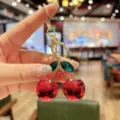 Gold plated cherry keychain cute crystal leaf bag charm stylish accessory gift for women - Bright Red Metallic Green Leaf Cherry
