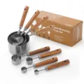 Stainless steel measuring cups and spoons set with wooden handles, baking kitchen tools. - 8-Piece Measuring Cup and Spoon Set / Color Box / Original Color