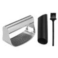 Stainless steel garlic press rocker with silicone peeler tube and brush set for kitchen. - Three-Piece Garlic Press Set with Bottle Opener