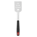 Stainless steel BBQ grill spatula with slotted design, serrated edge and ergonomic black handle. - BBQ Spatula